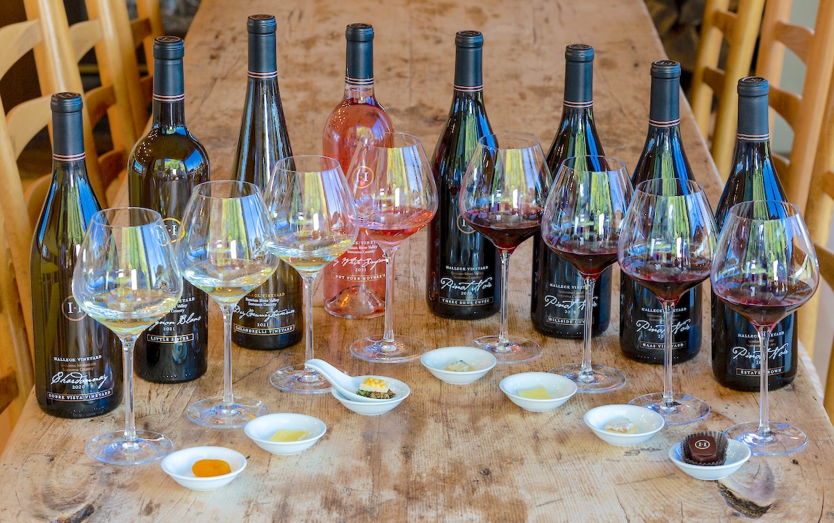 Our Wine Tasting Menu offers a variety of white and red wines, paired with cheeses and snacks to enhance the tasting experience. The white wine flight includes the 2020 Chardonnay Sobre Vista Vineyard, 2021 Sauvignon Blanc Patient Terrier Vineyard, and 2021 Dry Gewurztraminer Calandrelli Vineyard, all with distinct flavors and aromas. The tasting concludes with the 2019 Dry White Zinfandel. The red wine flight begins with the 2018 Three Sons Cuvee Pinot Noir, followed by the 2018 Haas Vineyard Pinot Noir, and the 2017 Hillside Cuvee Vineyard Pinot Noir. The tasting concludes with the flagship wine, the 2016 Estate Grown Pinot Noir, which has received numerous accolades. Each wine is paired with a complementary cheese or snack. The menu offers a range of unique and delicious wine and cheese combinations for guests to explore.