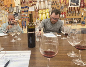 Tasting wine in the barrel room and choosing the blend.